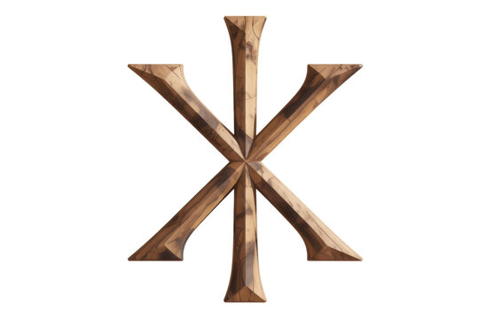 A captivating wooden symbol, possibly ancient or religious, featuring eight radiating arms forming a star-like shape, intricately carved with visible wood grain. background removed