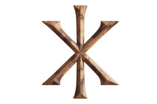 A captivating wooden symbol, possibly ancient or religious, featuring eight radiating arms forming a star-like shape, intricately carved with visible wood grain. background removed