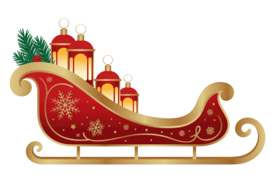 A festive red and gold Christmas sleigh with glowing lanterns, decorated with snowflakes, pine branches, and red berries. background removed