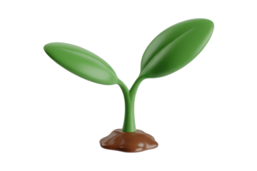 A vibrant 3D rendered green seedling with two leaves emerges from brown soil, symbolizing new growth, nature, and fresh beginnings. background removed