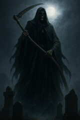 Fototapeta premium Epic Grim Reaper Death Figure with Ornate Scythe in Moonlit Cemetery - Dark Fantasy Halloween Horror Illustration for Gothic and Supernatural Themes