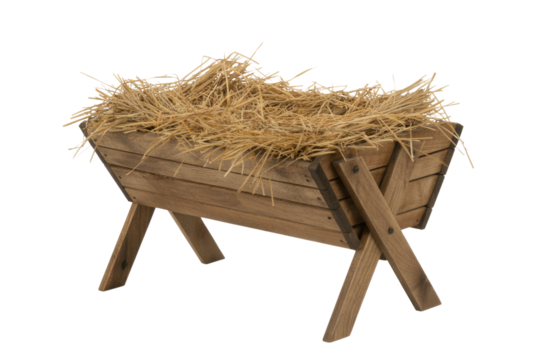 A rustic wooden manger filled with golden straw, ready for a nativity scene or farm display, against a solid transparent background. background removed