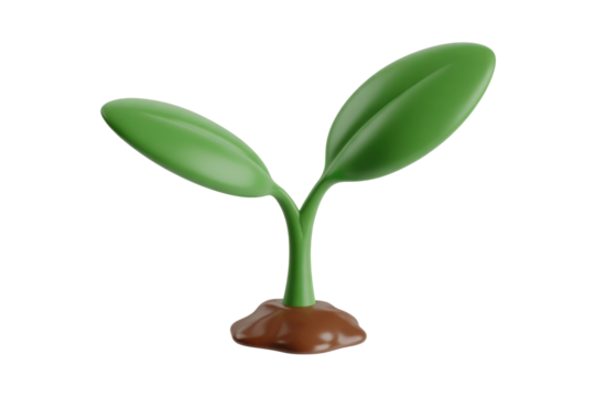 A vibrant 3D rendered green seedling with two leaves emerges from brown soil, symbolizing new growth, nature, and fresh beginnings. background removed