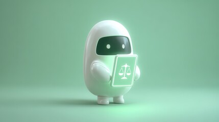 A cute robot character holding a green tablet displaying scales, set against a soft mint background, justice or balance, cute police robot