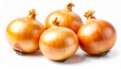 Four whole yellow onions on white surface, showcasing fresh produce with smooth golden-brown skins.