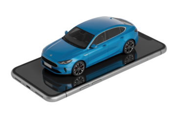 A blue 3D car model is displayed on a modern smartphone screen, representing digital vehicle services or online car shopping. background removed