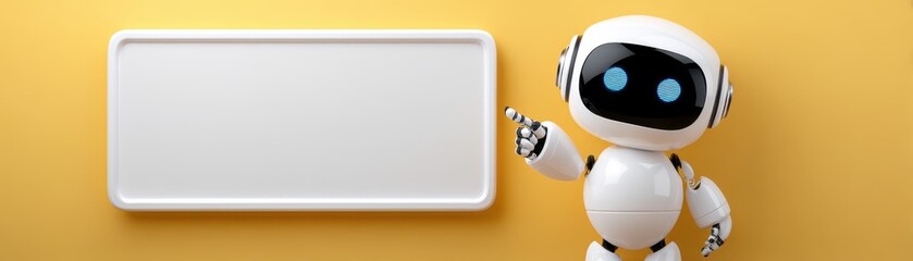 Obraz premium A friendly robot points to a blank white space on a vibrant yellow background, a context for communication or information sharing, cute police robot