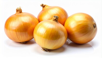 Four whole yellow onions on white surface, showcasing fresh produce with smooth golden-brown skins.