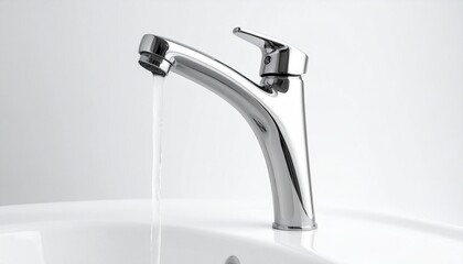 Chrome-finished minimalist faucet on white surface with light gray background, showcasing sleek modern design.