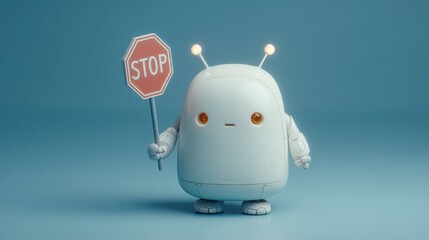 Fototapeta premium A cute robot character holding a stop sign, set against a blue background, a blend of technology and a playful design, cute police robot