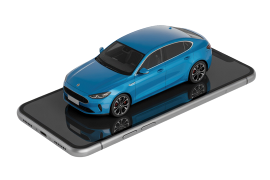 A blue 3D car model is displayed on a modern smartphone screen, representing digital vehicle services or online car shopping. background removed