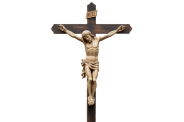 A wooden crucifix featuring a beige sculpture of Jesus Christ, arms outstretched, on a dark cross with "WOLE" inscribed, against a transparent background. background removed