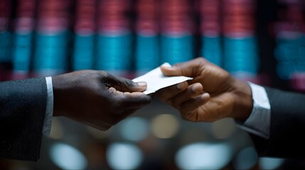 Two business professionals  hands exchanging a white card or document against a blurred background of market data