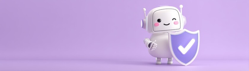 A friendly robot character holds a shield with a checkmark, set against a soft purple background, security and trust in technology, cute police robot