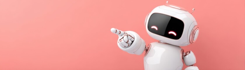 A friendly robot character with a smiling face is pointing, set against a soft pink background, cute police robot