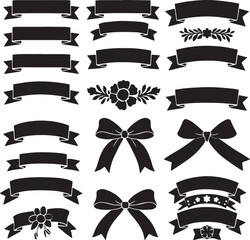 Decorative Ribbon and Banner Vector Set,
Black and White Bows and Ribbons Collection,
Vintage Label and Banner Design Elements