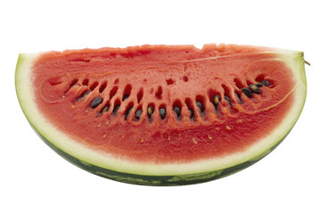 A vibrant half-slice of fresh watermelon with juicy red flesh and visible black seeds, showcasing its refreshing texture on a transparent background. background removed