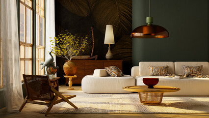 Warm japandi living room interior with natural sunlight and earthy wooden furniture harmony. 3D illustration