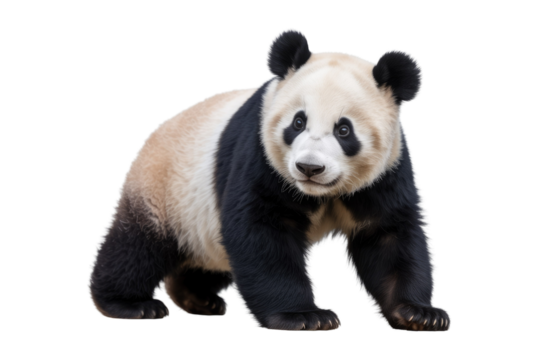 A captivating giant panda stands alert, looking forward with its distinctive black and white fur, ready for action against a solid background. background removed