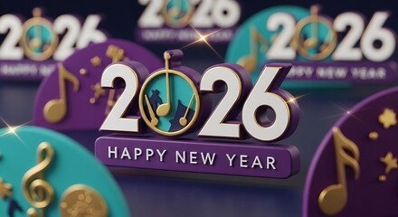 Celebrate the vibrant future with a stunning 'Happy New Year 2026' graphic featuring festive music notes and a modern, elegant design perfect for any celebration.