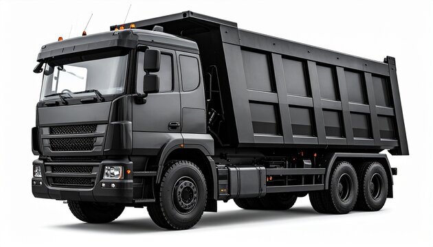 Black dump truck with raised bed and orange warning lights, heavy-duty design for industrial transport on construction site.