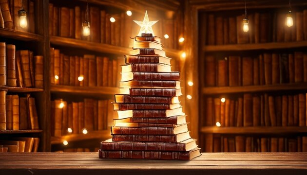 in the left creative Christmas tree made of stacked books, warm cozy lighting, soft shadows, vintage library background, concept of education and holiday spirit, realistic photo
