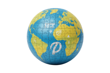 A 3D jigsaw puzzle globe illustrates a world map with continents and oceans, featuring diverse icons on several pieces, against a transparent background. background removed