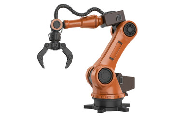 Naklejka premium Modern 3D rendered orange and black industrial robotic arm with a robust gripper, symbolizing advanced automation and manufacturing technology. background removed