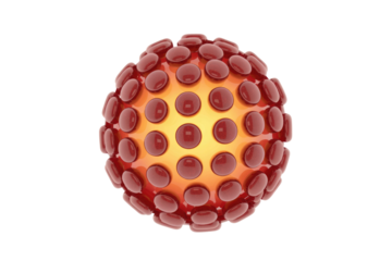 A 3D model of a virus-like particle, showing a bright orange center surrounded by many glossy red, pill-shaped structures. background removed