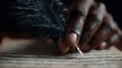 A hand holds a quill pen writing musical notes on an aged sheet of music