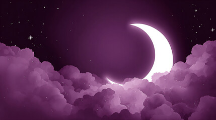 A crescent moon glows among stylized purple clouds, with a dark sky and faint stars