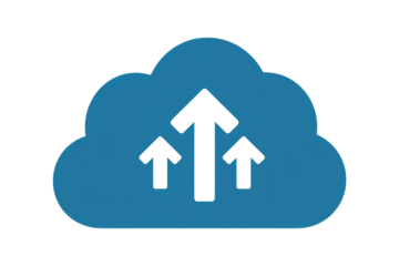 A blue cloud icon with three green arrows pointing upwards, symbolizing data upload to cloud storage or a cloud service. background removed