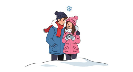 Tender winter moment loving couple sharing warmth and joy in the snow, embracing the cold with hot drinks and heartfelt affection