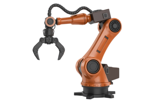 Modern 3D rendered orange and black industrial robotic arm with a robust gripper, symbolizing advanced automation and manufacturing technology. background removed
