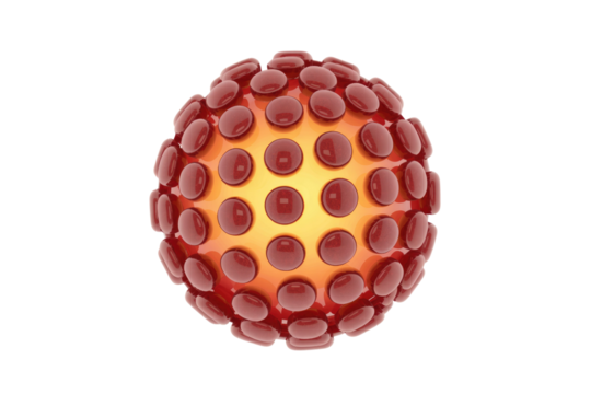 A 3D model of a virus-like particle, showing a bright orange center surrounded by many glossy red, pill-shaped structures. background removed