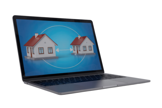 A laptop displays two 3D rendered houses connected by exchange arrows, symbolizing property transactions, relocation, or real estate market dynamics. background removed
