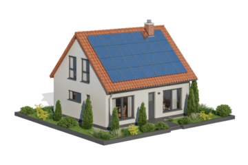 A modern white house with a red tiled roof and blue solar panels, featuring a landscaped garden. Green energy concept. background removed