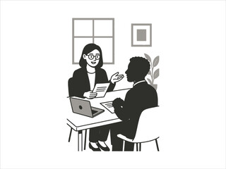 Job Interview Illustration  flat style HR manager interviewing candidate at office table with laptop and papers