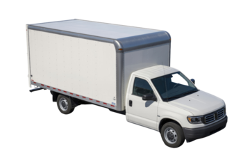 High-angle view of a clean, white box truck with an enclosed cargo area, perfect for deliveries or moving services, isolated on a transparent background. background removed