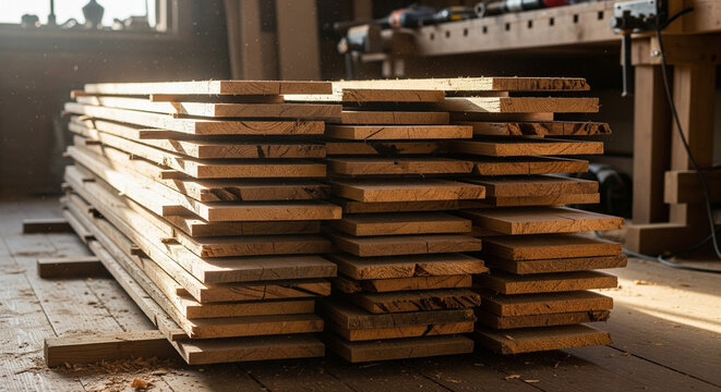 Stack of fresh lumber planks stored in a woodworking workshop or garage.
A warm, naturally lit photograph of a modest stack of wooden planks or lumber boards neatly piled on a wooden floor in a worksh - Powered by Adobe