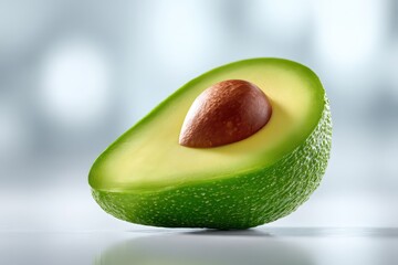 A freshly cut half avocado, displaying its vibrant green flesh and seed.