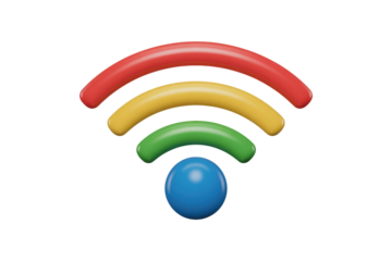 A colorful 3D Wi-Fi icon with a blue sphere and radiating arcs in red, yellow, and green, symbolizing strong wireless internet. background removed