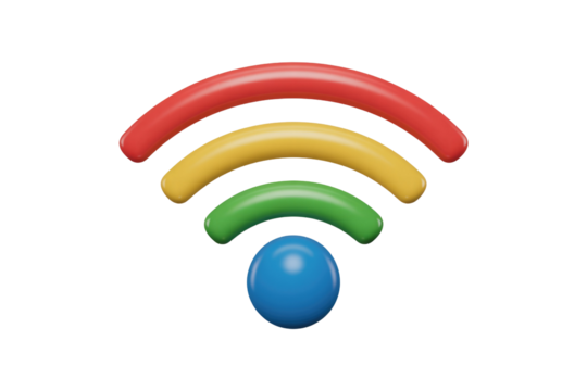 A colorful 3D Wi-Fi icon with a blue sphere and radiating arcs in red, yellow, and green, symbolizing strong wireless internet. background removed