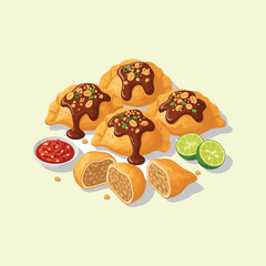 Delicious Empanadas with Spicy Sauce and Lime Slices.