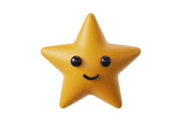 A cheerful 3D rendered yellow star with black button eyes and a cute smile, embodying a friendly and positive emoji-like character. background removed