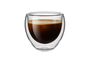 A small, clear, double-walled glass cup filled with rich, dark espresso coffee and a golden-brown crema layer on top. background removed