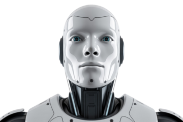 A futuristic, white humanoid robot with striking blue eyes, showcasing advanced artificial intelligence and technological innovation. background removed