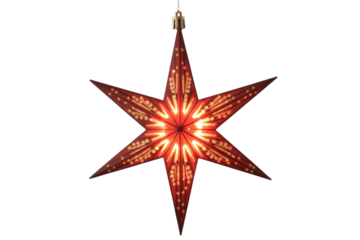 A vibrant red illuminated star decoration with intricate golden patterns hangs, radiating a warm glow, perfect for festive ambiance. background removed