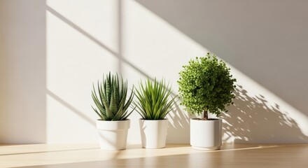 Three small potted plants arranged on a wooden floor against a white wall with sunlight shining through