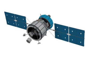 A detailed 3D rendering of a communication or observation satellite with prominent blue solar panels and a metallic body, ready for space mission. background removed